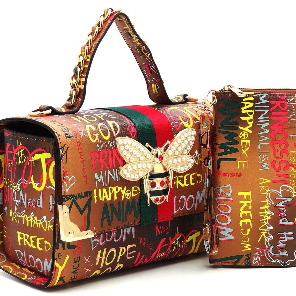 BeeUtiful Multi Graffiti Boxy Satchel W/Matching Wallet